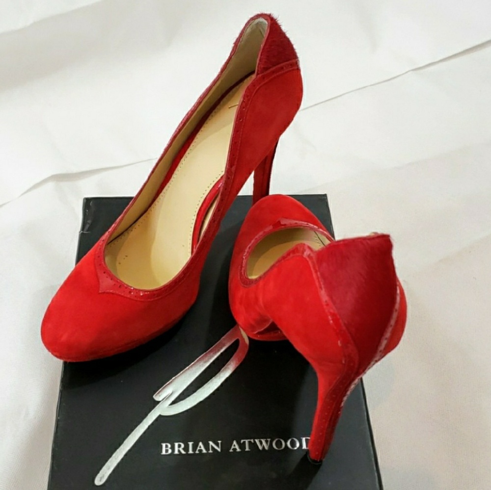 B Brian Atwood Red Suede Pony Hair w/ Patent 10